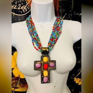 VINTAGE Cross Beaded Necklace Stunning Turquoise Statement Colors Southwestern
